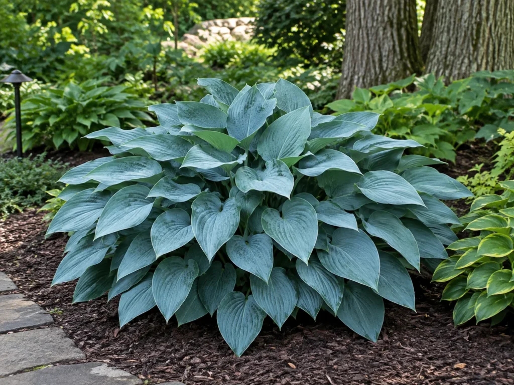  Large mature Hosta 'Blue Angel' clump growing in a shaded garden border