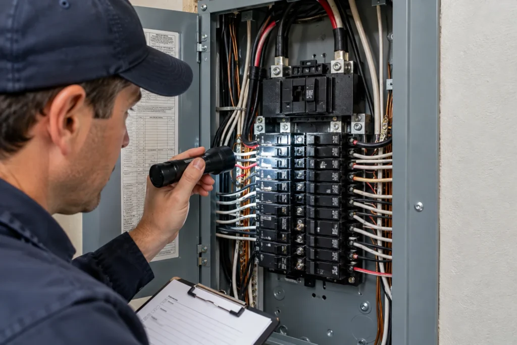 Home inspector reviewing an electrical panel for outdated wiring and grounding issues