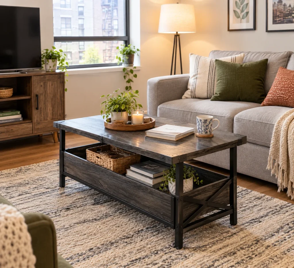 17 Stories Kristien coffee table in a small apartment living room