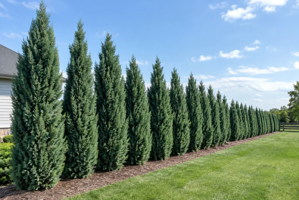 Row of Taylor Juniper trees planted as a privacy screen along a property line