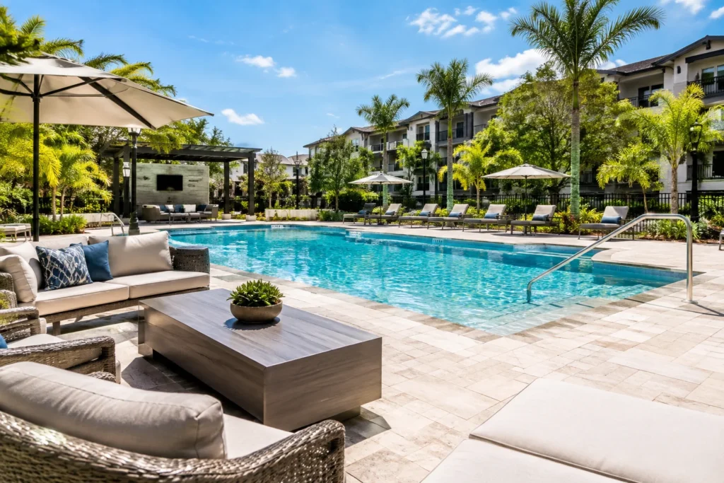 Saltwater pool and outdoor lounge at Rowe Vinings apartments