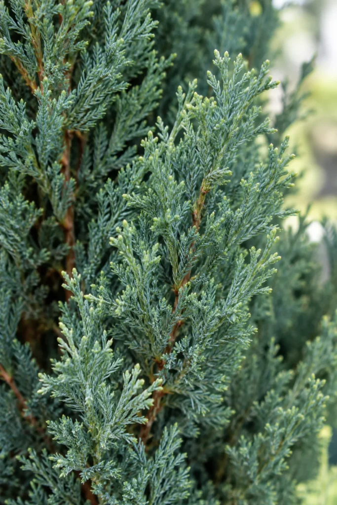 Close-up of blue-green needle foliage on a Taylor Juniper tree