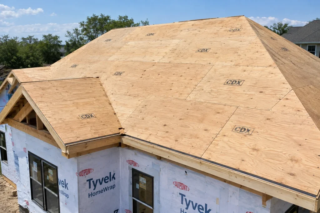 CDX plywood installed as roof sheathing on a house under construction