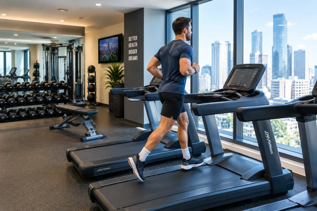 Resident using on-site gym equipment at a Houston apartment complex