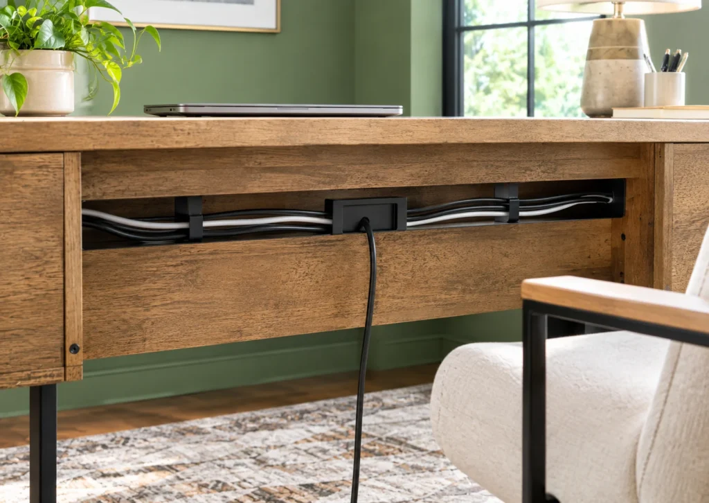 Open raceway along the back of a wood-and-metal desk holding power and monitor cables