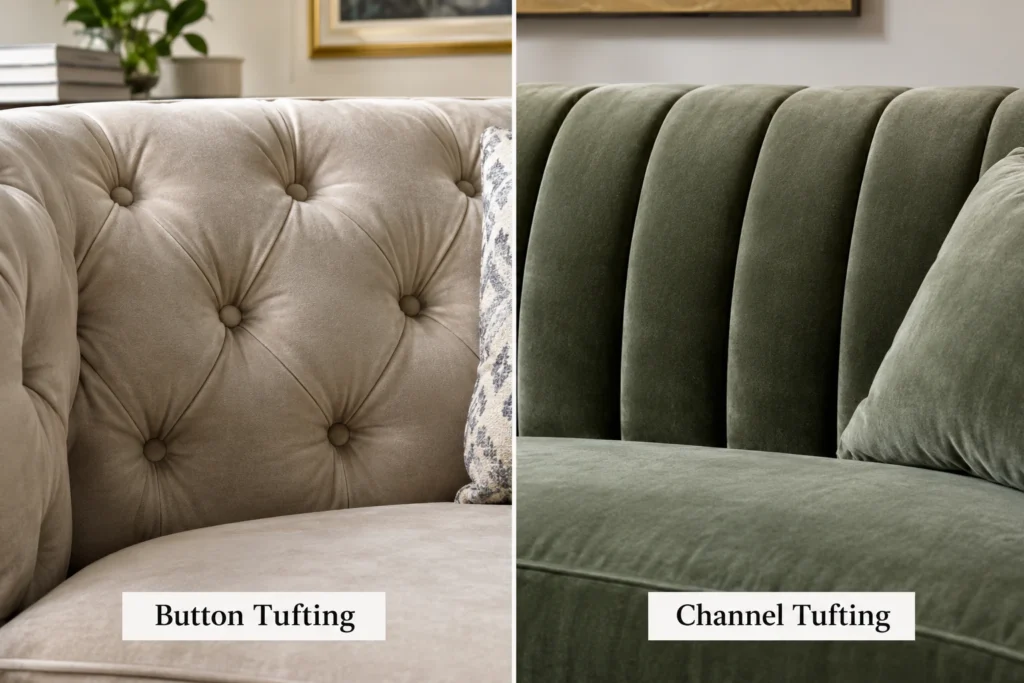 Close-up of button-tufted and channel-tufted velvet upholstery side by side
