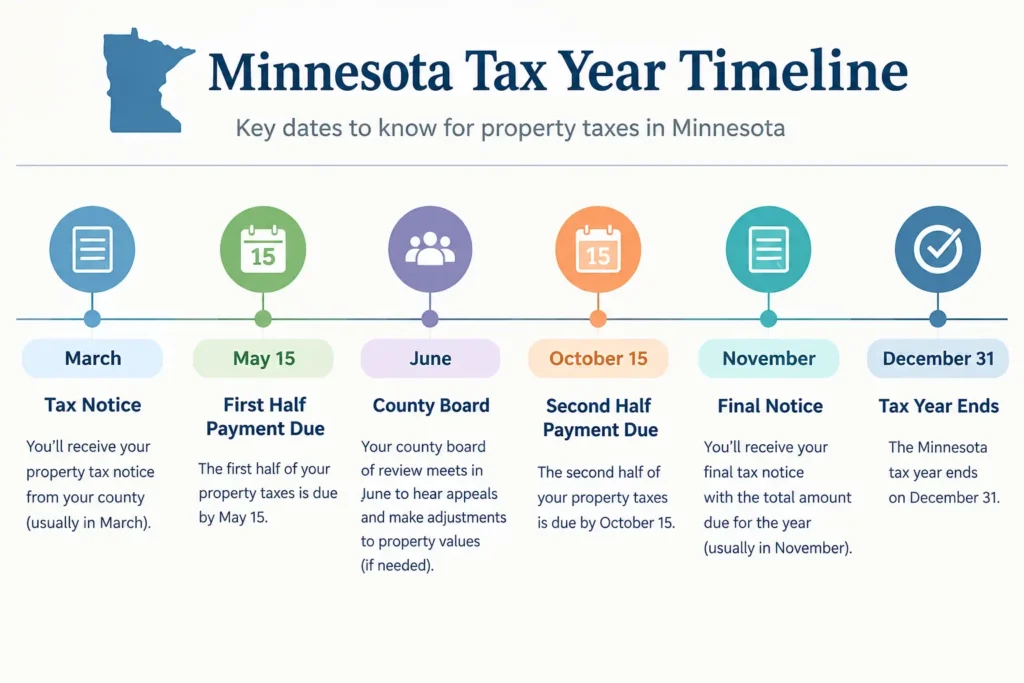 AI generated Illustration of Timeline of the Minnesota property tax year from valuation notice to homestead deadline.