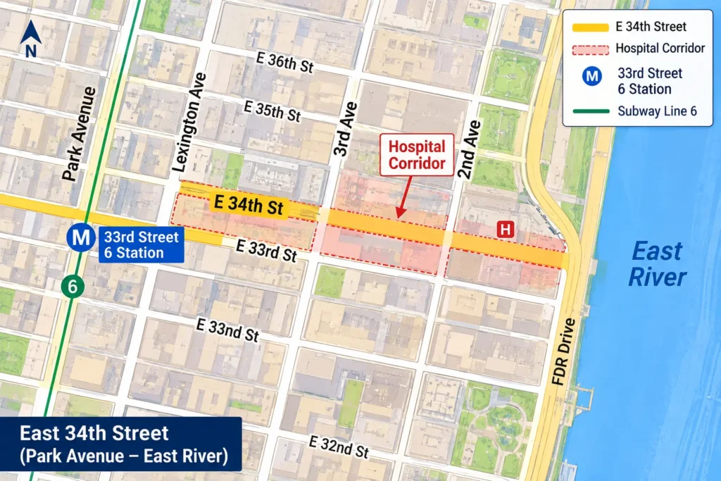 AI generated Illustration of Map of East 34th Street from Park Avenue to the East River showing nearby subway and hospitals
