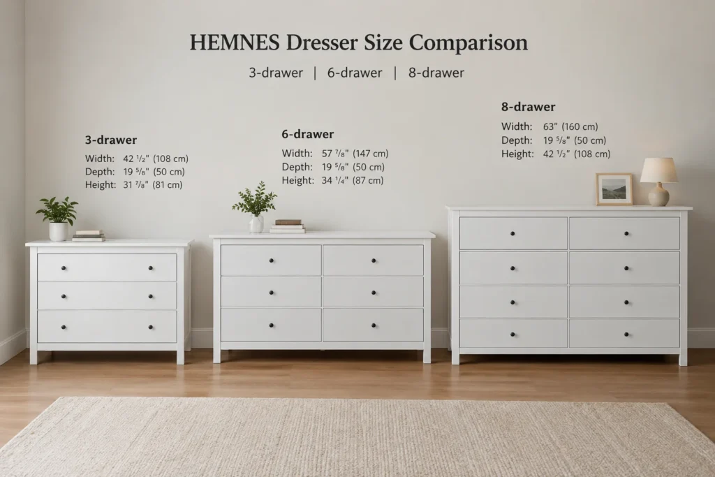 Side-by-side size comparison of the IKEA HEMNES 3-drawer, 6-drawer, and 8-drawer dressers.