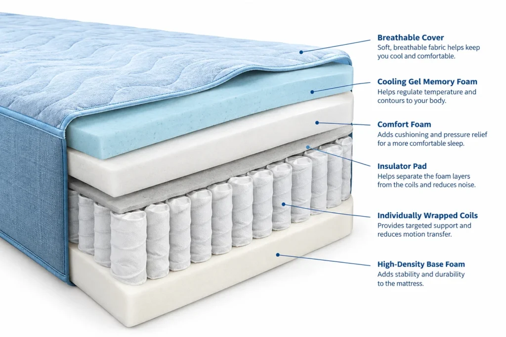 Cutaway of a hybrid mattress showing foam layers above a wrapped coil unit