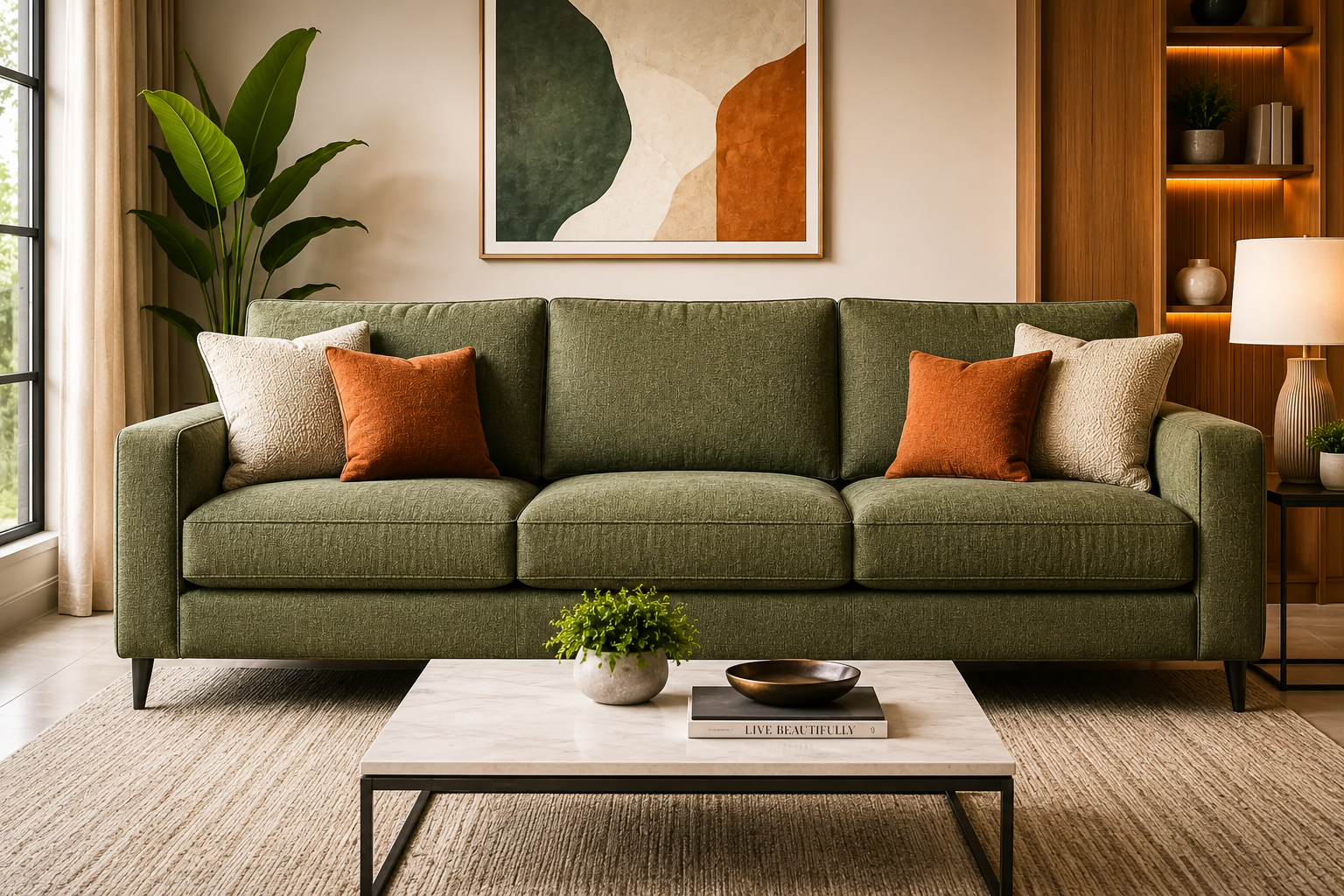 "Modern triple seater sofa in a stylish contemporary living room with elegant décor, neutral tones, plush cushions, and premium upholstery, perfect for home interior inspiration and the best three-seater sofas of 2026."