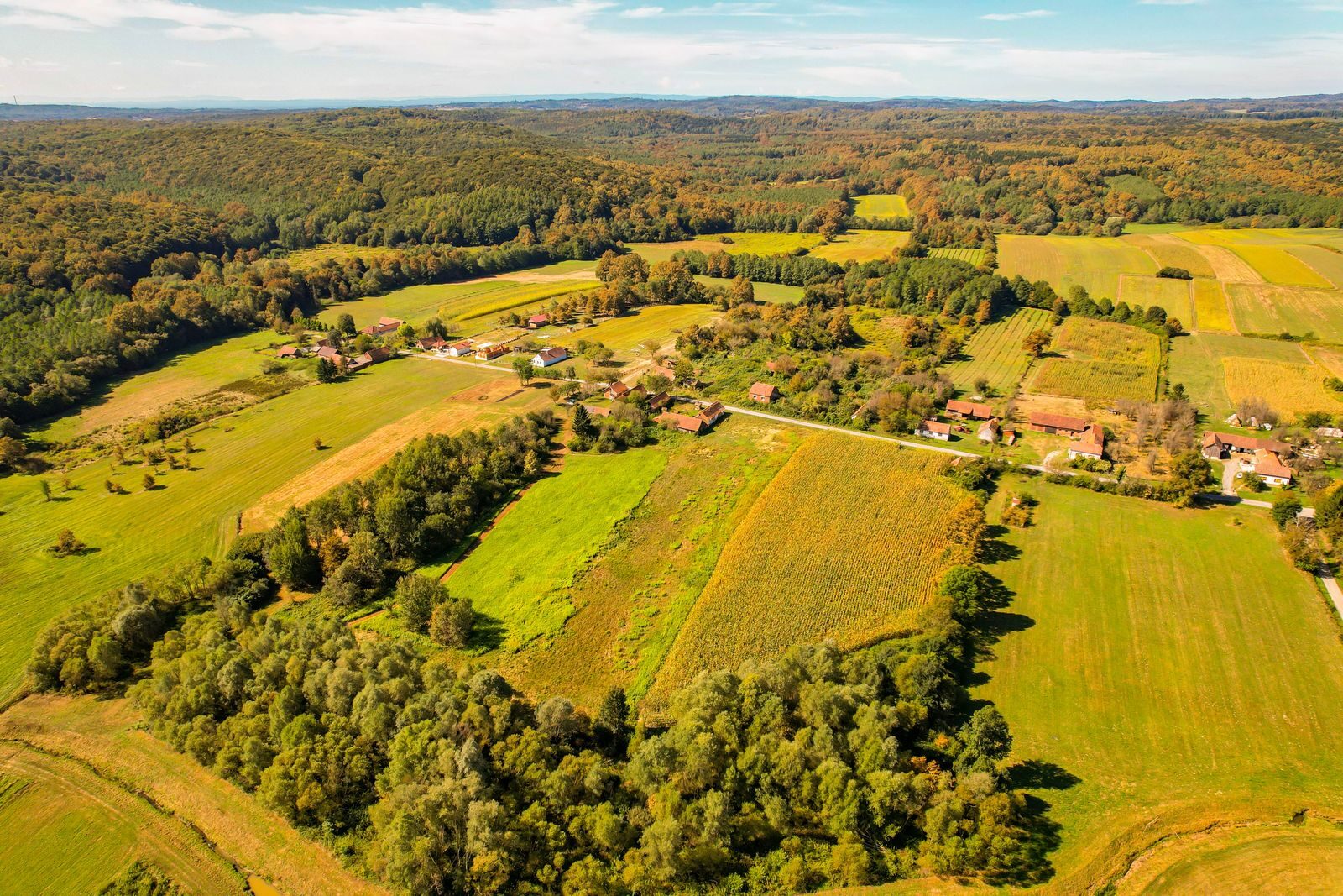 A stunning aerial photograph capturing the rustic beauty of Garešnica's countryside in Croatia.