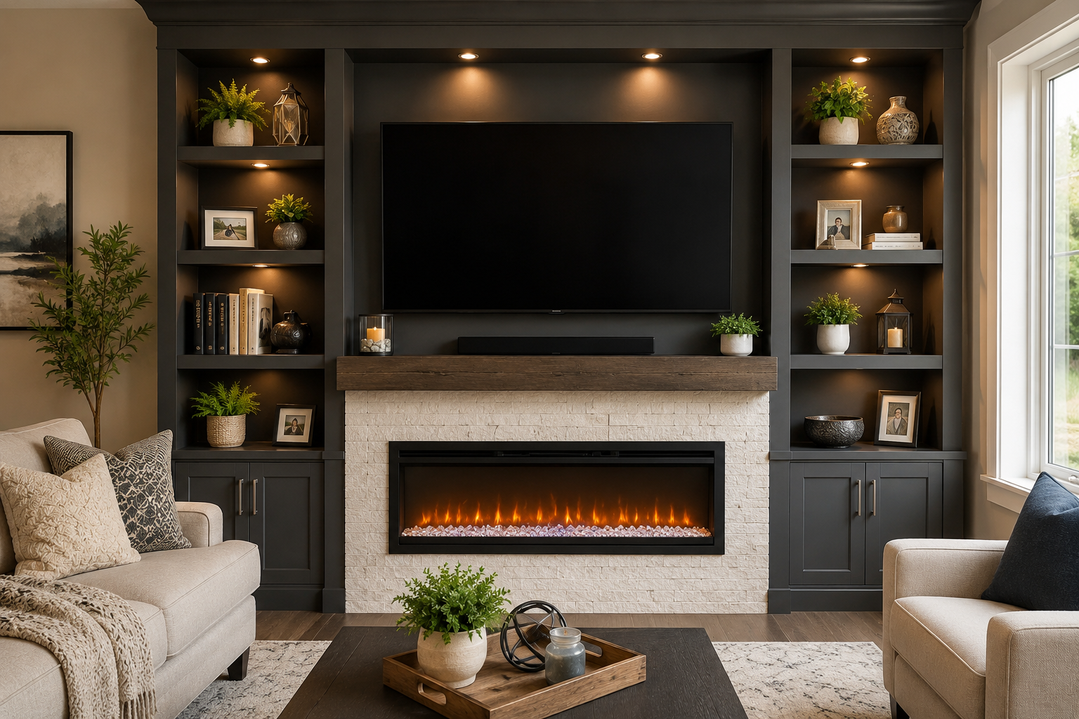 Modern entertainment center with built-in electric fireplace, large flat-screen TV, illuminated shelving, and stylish living room décor, creating a cozy and elegant home entertainment space.