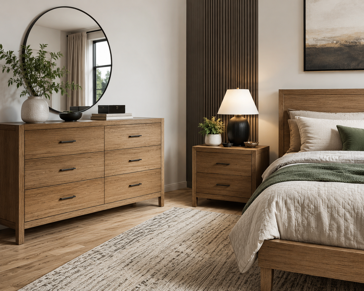 Modern bedroom furniture set featuring a matching wooden dresser and nightstand with clean lines, warm wood finishes, stylish decor, and cozy bedding. Bright natural light enhances the elegant and contemporary bedroom design, creating a welcoming and sophisticated living space.