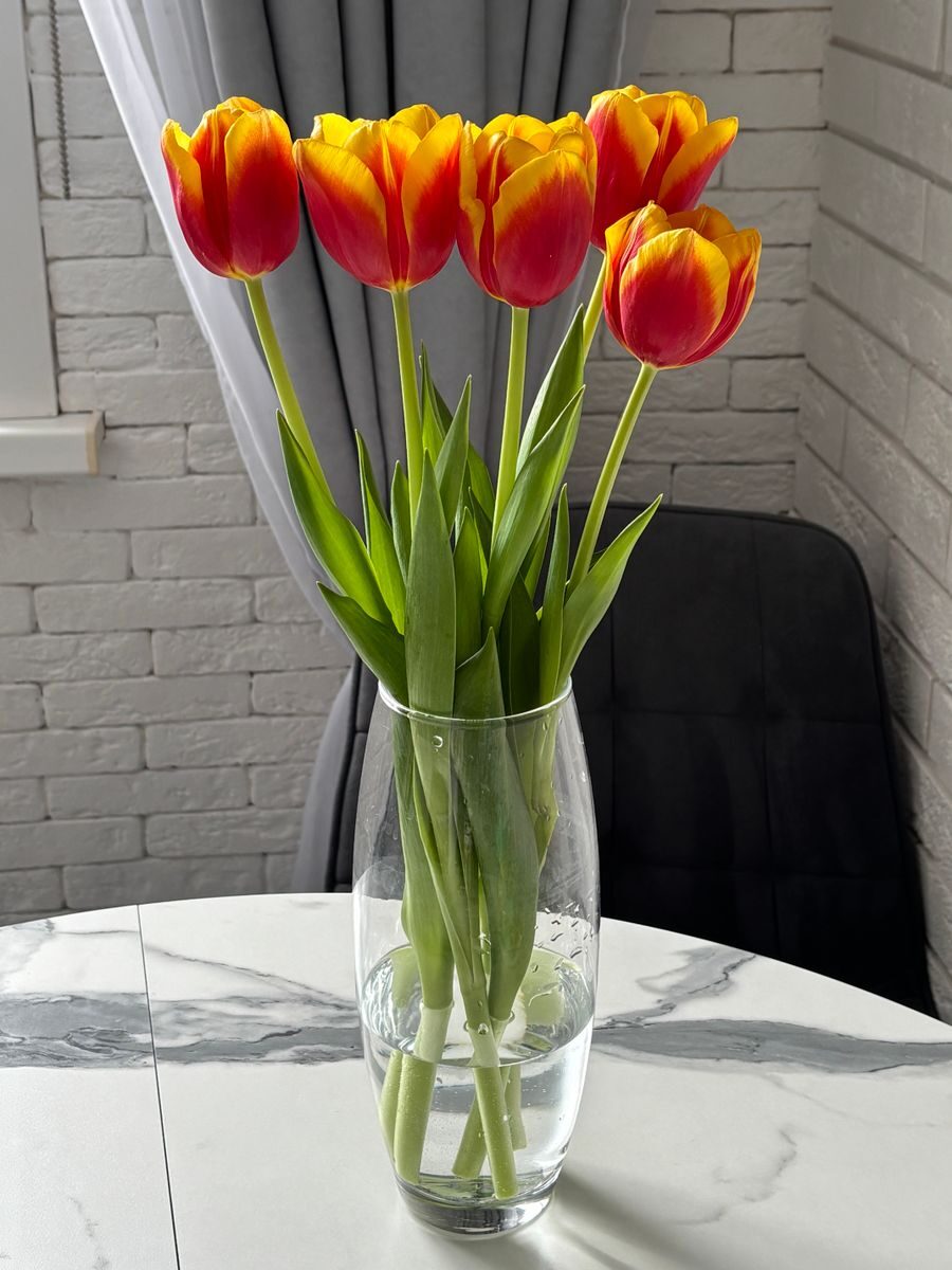 A vibrant bouquet of tulips in a glass vase on a marble table indoors.