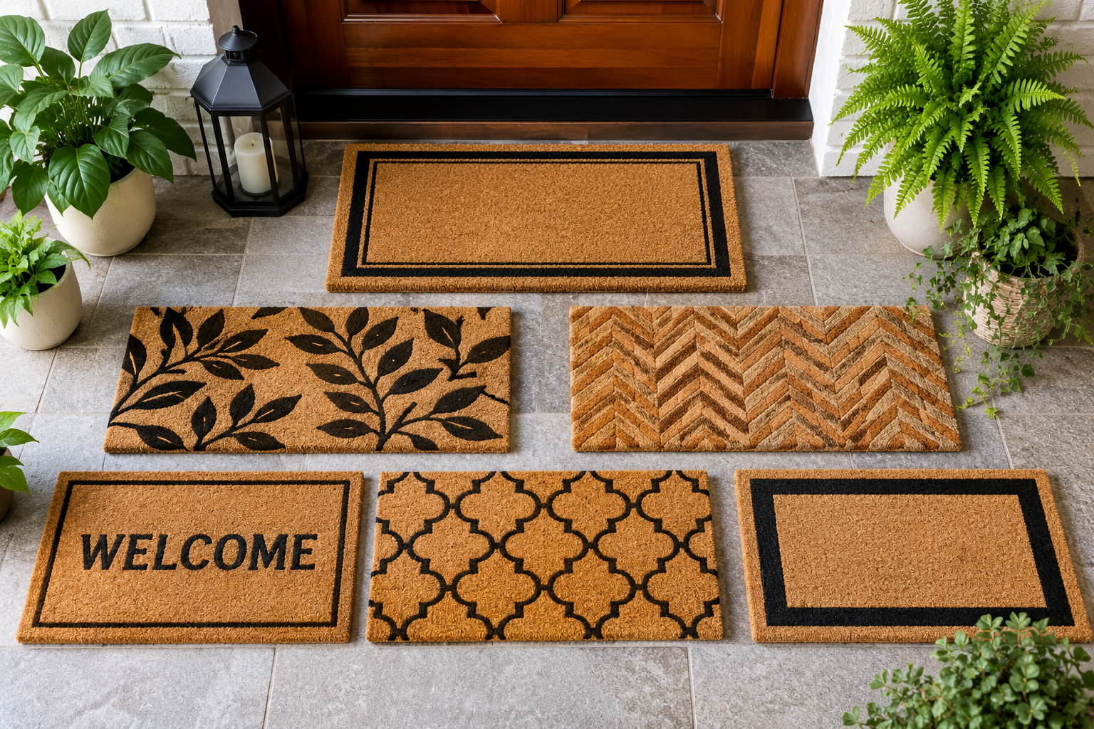Collection of natural coir door mats with modern patterns arranged at a stylish front entryway, featuring durable outdoor welcome mats for home entrances and patios
