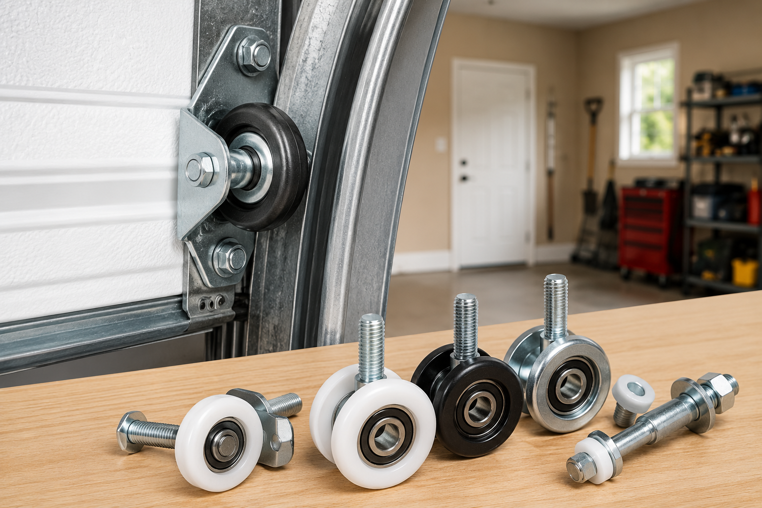 Close-up view of garage door rollers and hardware components displayed on a workbench, with a garage door roller installed in a metal track. Bright, modern garage interior in the background, showcasing durable replacement rollers, bearings, bolts, and smooth-operating garage door mechanisms.