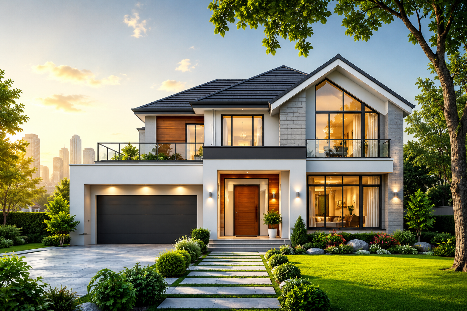 **SEO Optimized Alt Text:** *Luxury modern JWRE real estate home with contemporary architecture, large glass windows, landscaped front yard, spacious driveway, and elegant exterior design illuminated by warm sunset lighting.*
