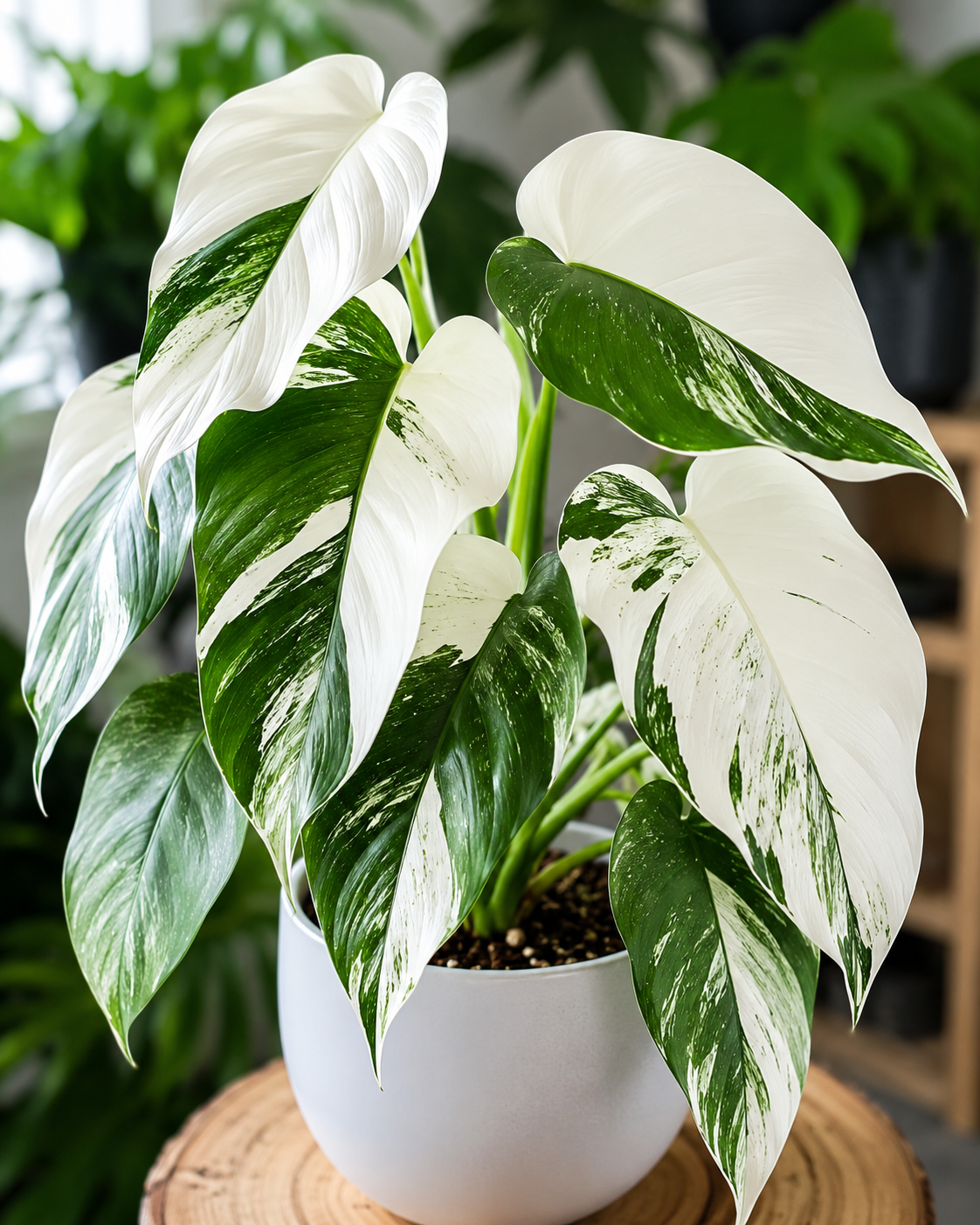 White Wizard Philodendron plant with striking green and white variegated leaves growing in a modern white pot, displayed indoors with soft natural light and a lush green background. Vibrant foliage and elegant tropical appearance create a fresh, decorative houseplant setting.