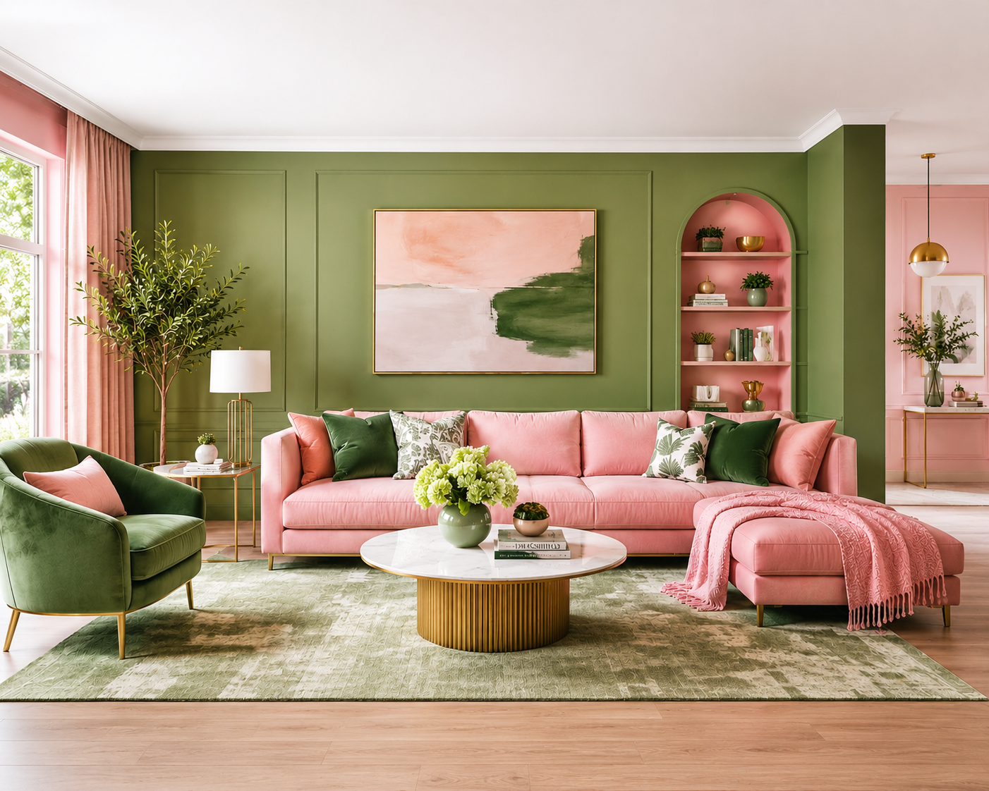 **Alt Text:** Elegant pink and green living room featuring a blush pink sectional sofa, olive green accent chair, sage green paneled walls, gold coffee table, decorative plants, and soft natural lighting in a modern, stylish 2026 interior design setting.