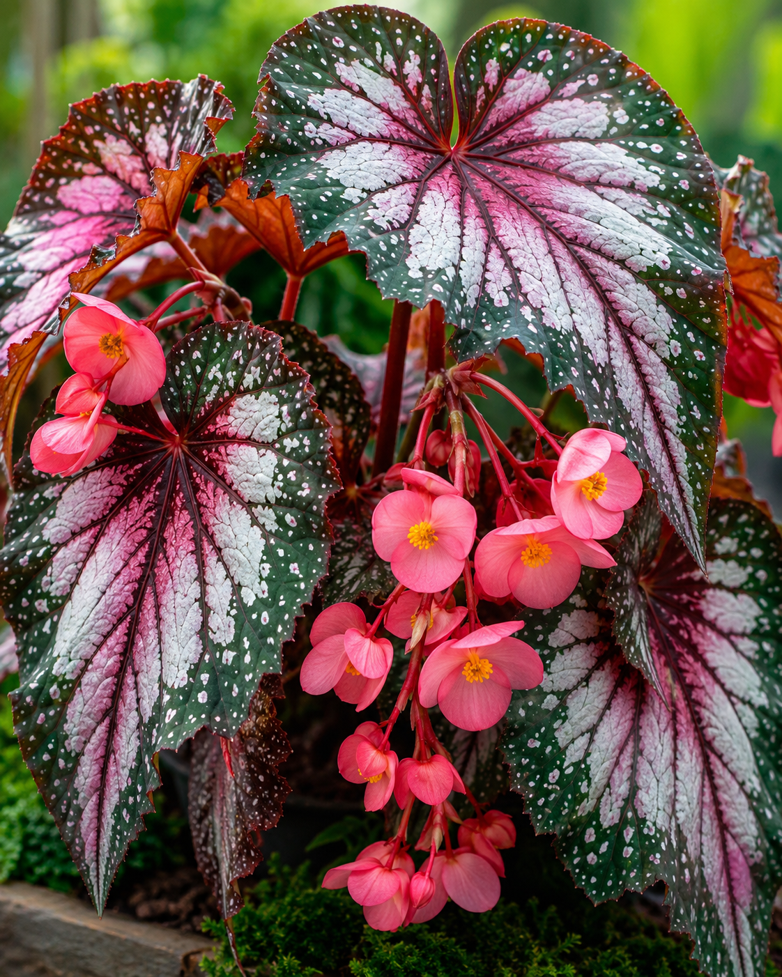 Vibrant Angel Wing Begonia plant with large speckled green leaves, silver markings, and cascading clusters of bright pink flowers in a lush garden setting. High-resolution close-up showcasing the plant’s unique foliage and colorful blooms.