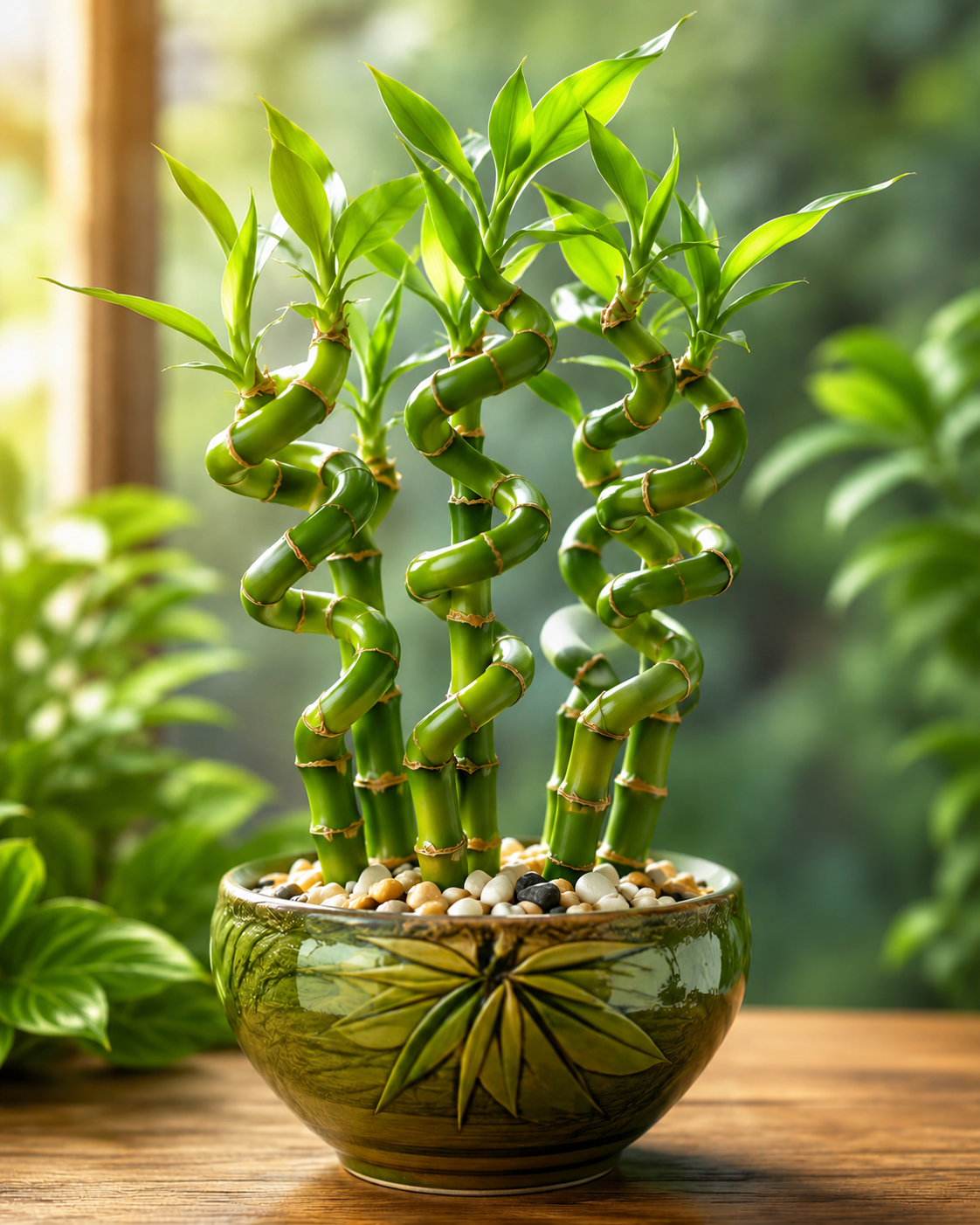 Vibrant lucky curly bamboo plant with multiple spiral green stalks and fresh leafy shoots arranged in a decorative green ceramic pot filled with smooth pebbles. The plant is displayed on a wooden surface with a softly blurred green garden background and warm natural lighting, creating a fresh, elegant, and tranquil indoor décor scene.