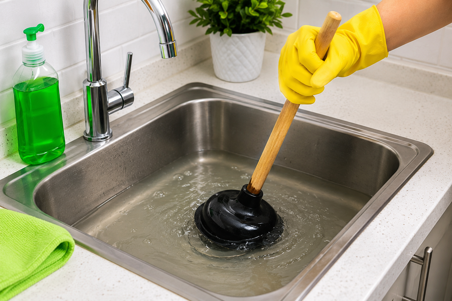 Person using a plunger to unclog a clogged kitchen sink filled with standing water in a modern stainless steel kitchen, demonstrating a simple DIY drain cleaning solution.