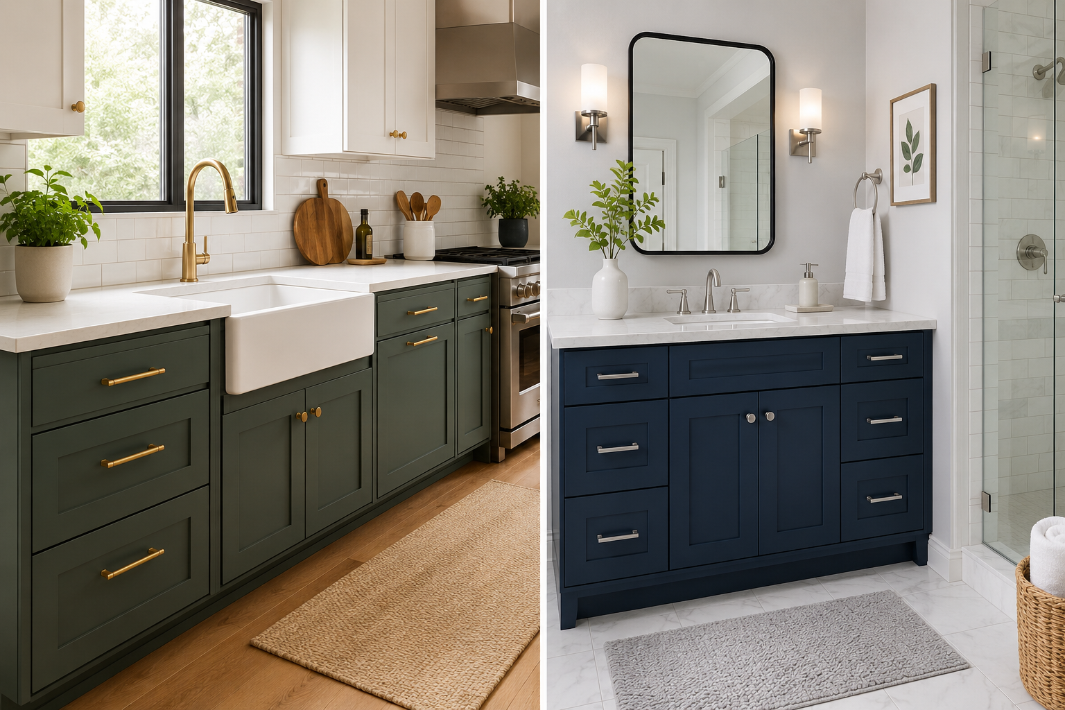 Modern kitchen and bathroom featuring premium base cabinets with spacious storage, shaker-style doors, elegant hardware, durable countertops, and a bright contemporary design. Ideal inspiration for stylish kitchen cabinets and bathroom vanity base cabinets in modern homes.