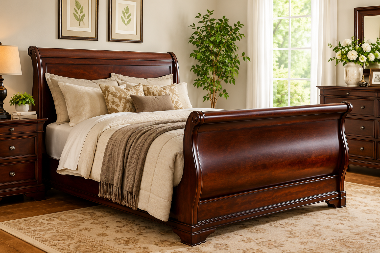 **SEO-Optimized Alt Text:** **"Elegant wooden sleigh bed with curved headboard and footboard in a bright modern bedroom featuring cozy neutral bedding, classic furniture, and natural sunlight, ideal for traditional and luxury home décor."**