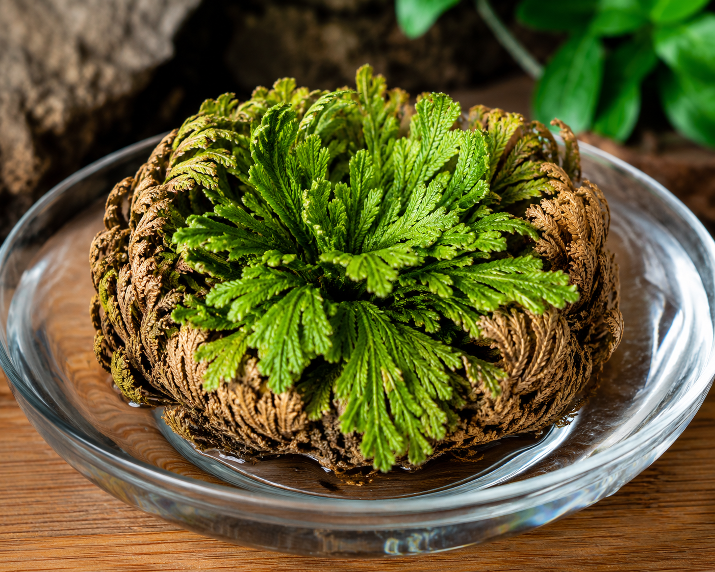 Close-up of a Resurrection Plant (Rose of Jericho) unfurling into vibrant green leaves in a shallow glass bowl of water on a wooden surface, showcasing its unique revival process for indoor plant care.