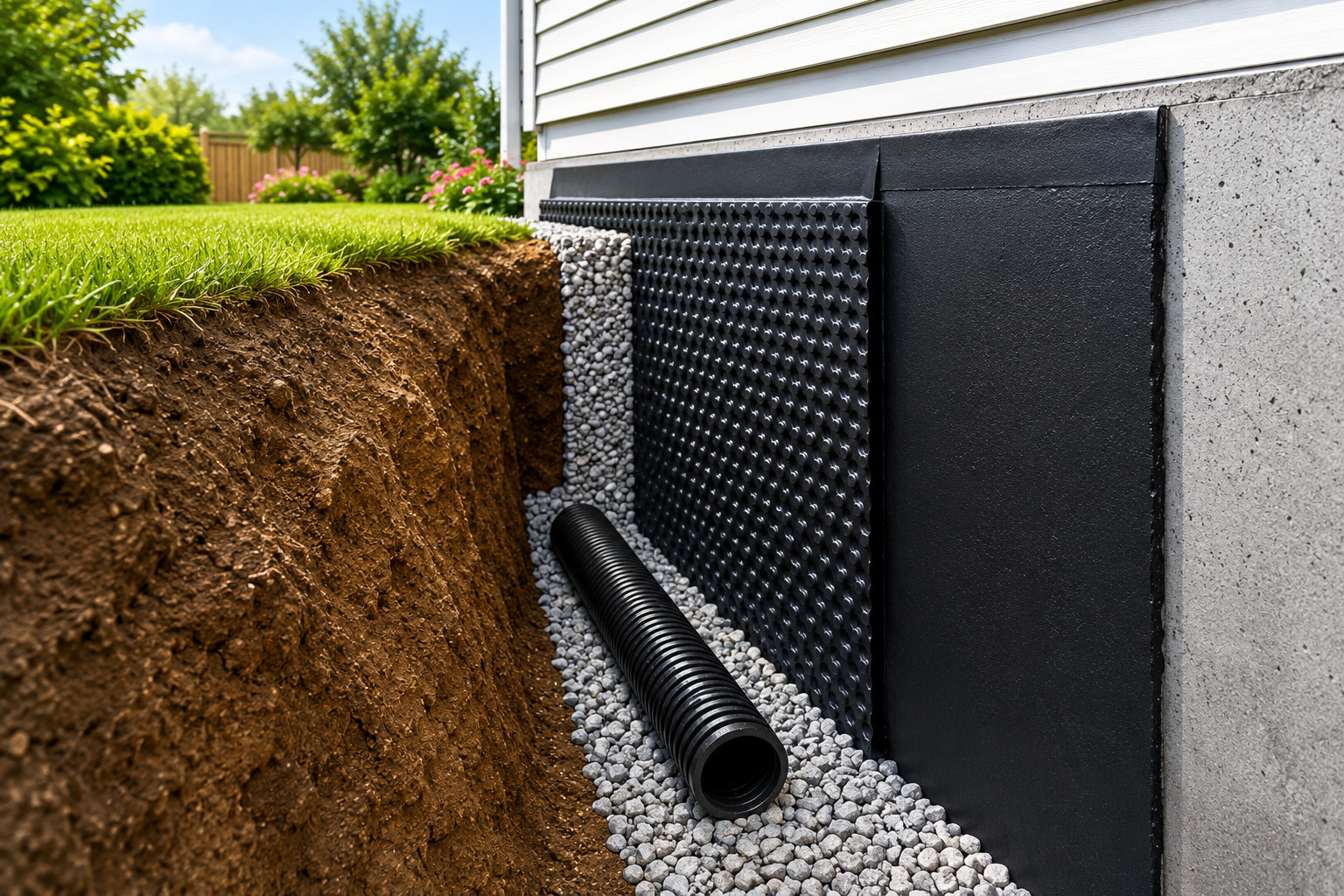 Exterior basement waterproofing system with foundation wall membrane, drainage board, gravel trench, and perforated drain pipe installed around a home foundation to prevent water damage and basement leaks.