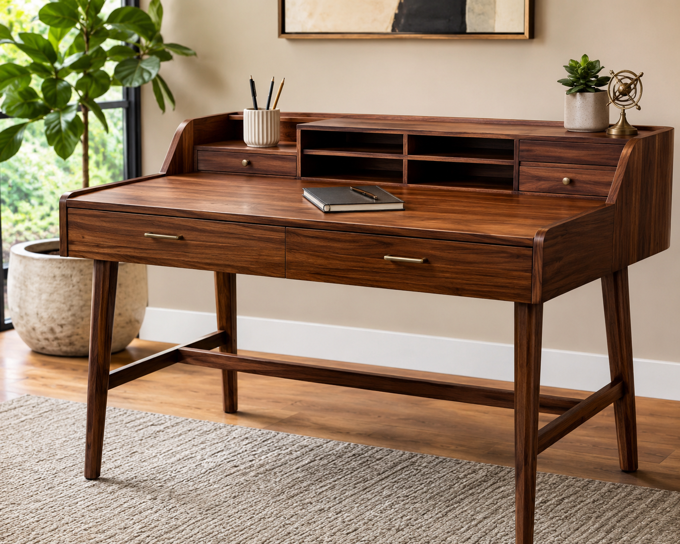 Acme Ottey writing desk in a modern home office featuring a walnut wood finish, spacious work surface, storage drawers, and open shelving for a stylish and functional workspace