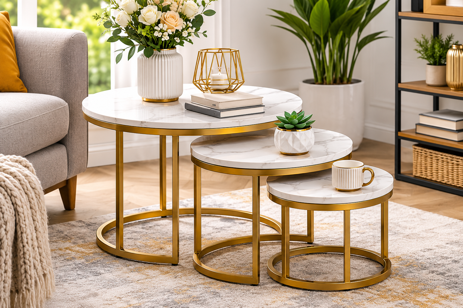 **SEO Optimized Alt Text:** **"Modern nested table furniture set in a stylish contemporary living room featuring marble, wood, and metal nesting coffee tables with elegant home décor. Space-saving, versatile nesting tables perfect for small apartments, living rooms, and modern home interiors in 2026."**