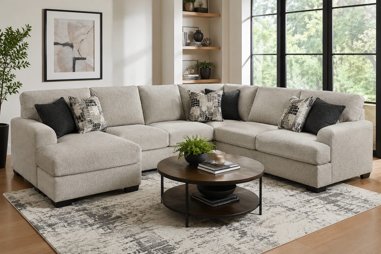 Modern Rawcliffe sectional sofa in a bright contemporary living room with plush neutral upholstery, spacious chaise, stylish coffee table, large windows, and elegant home décor.
