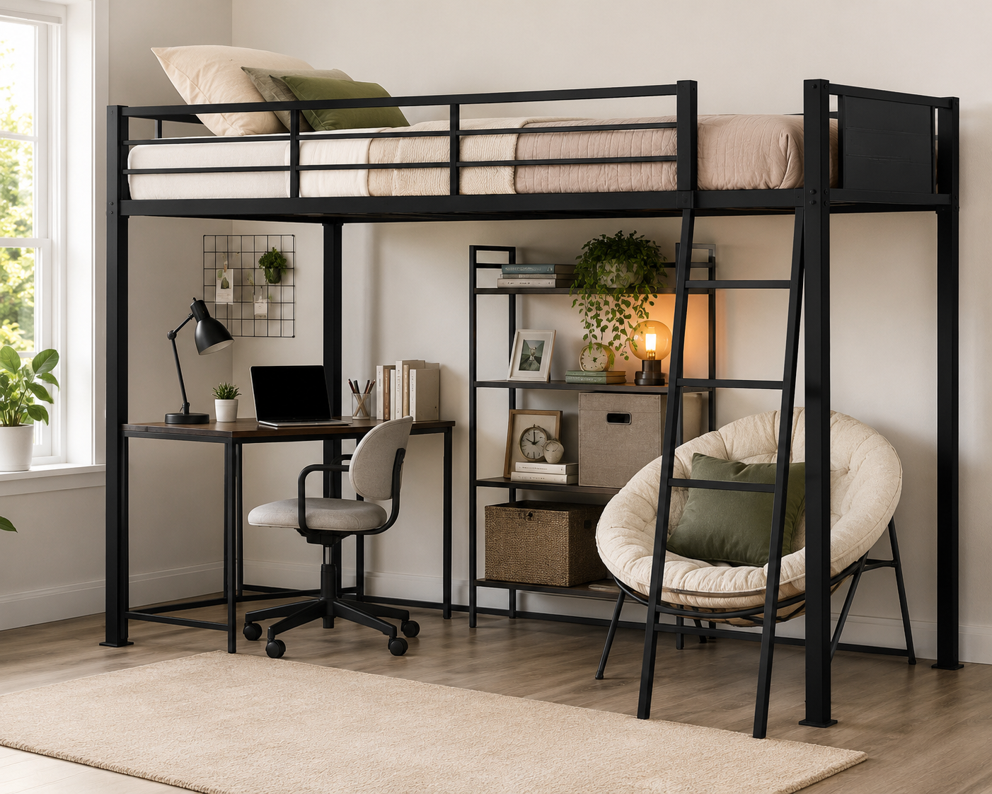 Modern Twin XL loft bed with sturdy black metal frame, integrated ladder, and spacious study area underneath featuring a desk, shelving, and cozy seating in a bright contemporary bedroom