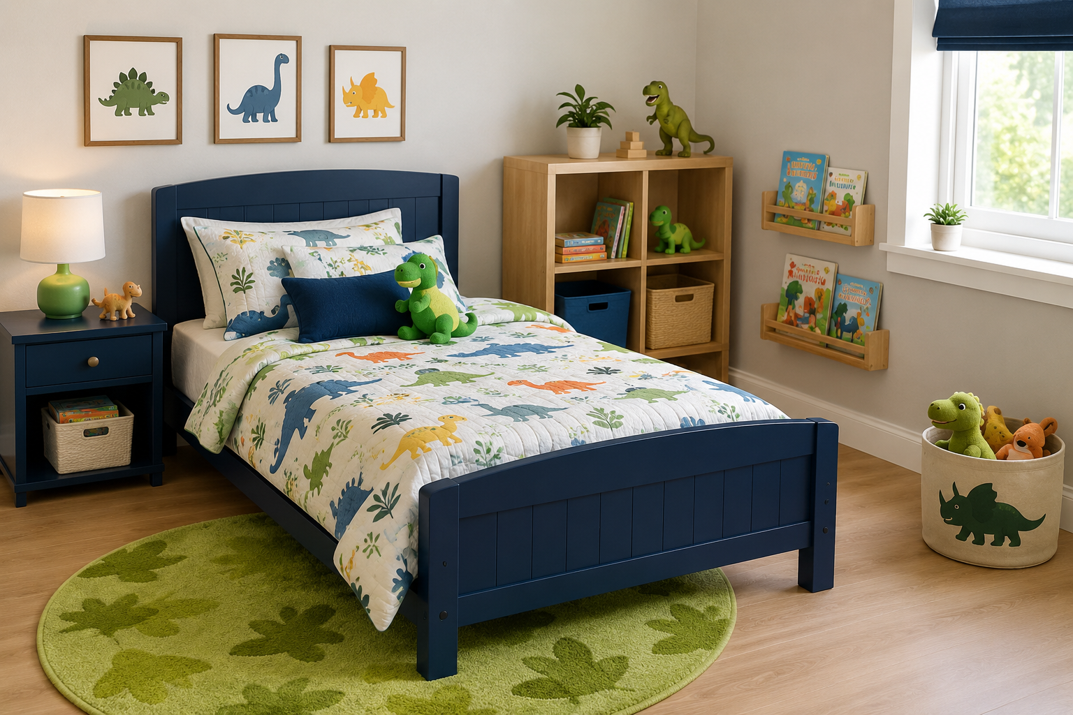 **SEO Optimized Alt Text:** *Twin bed for preschooler in a bright and colorful kids' bedroom featuring playful dinosaur bedding, cozy decor, toy storage, wooden furniture, and a child-friendly design perfect for growing toddlers and young children.*