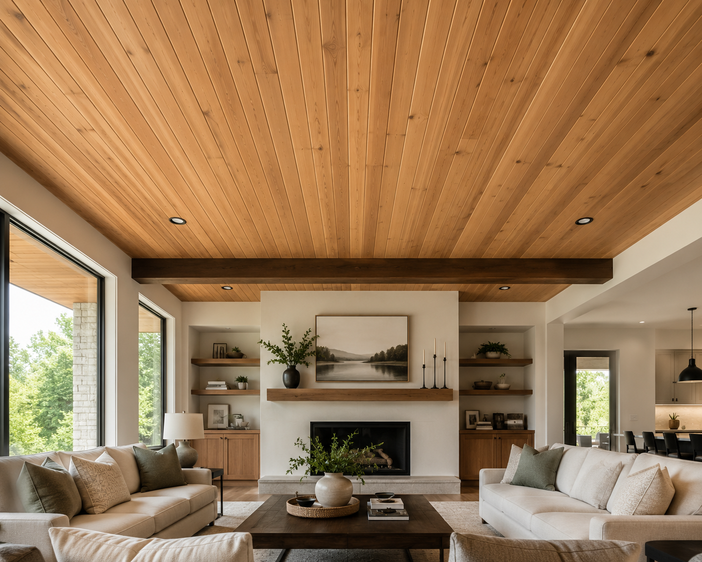 Bright modern living room featuring a stunning tongue and groove wood ceiling with exposed beam accents, large floor-to-ceiling windows, neutral-toned sofas, a contemporary fireplace, and elegant natural décor. Warm natural light highlights the rich wood grain ceiling, creating a spacious, inviting, and luxurious interior design aesthetic.