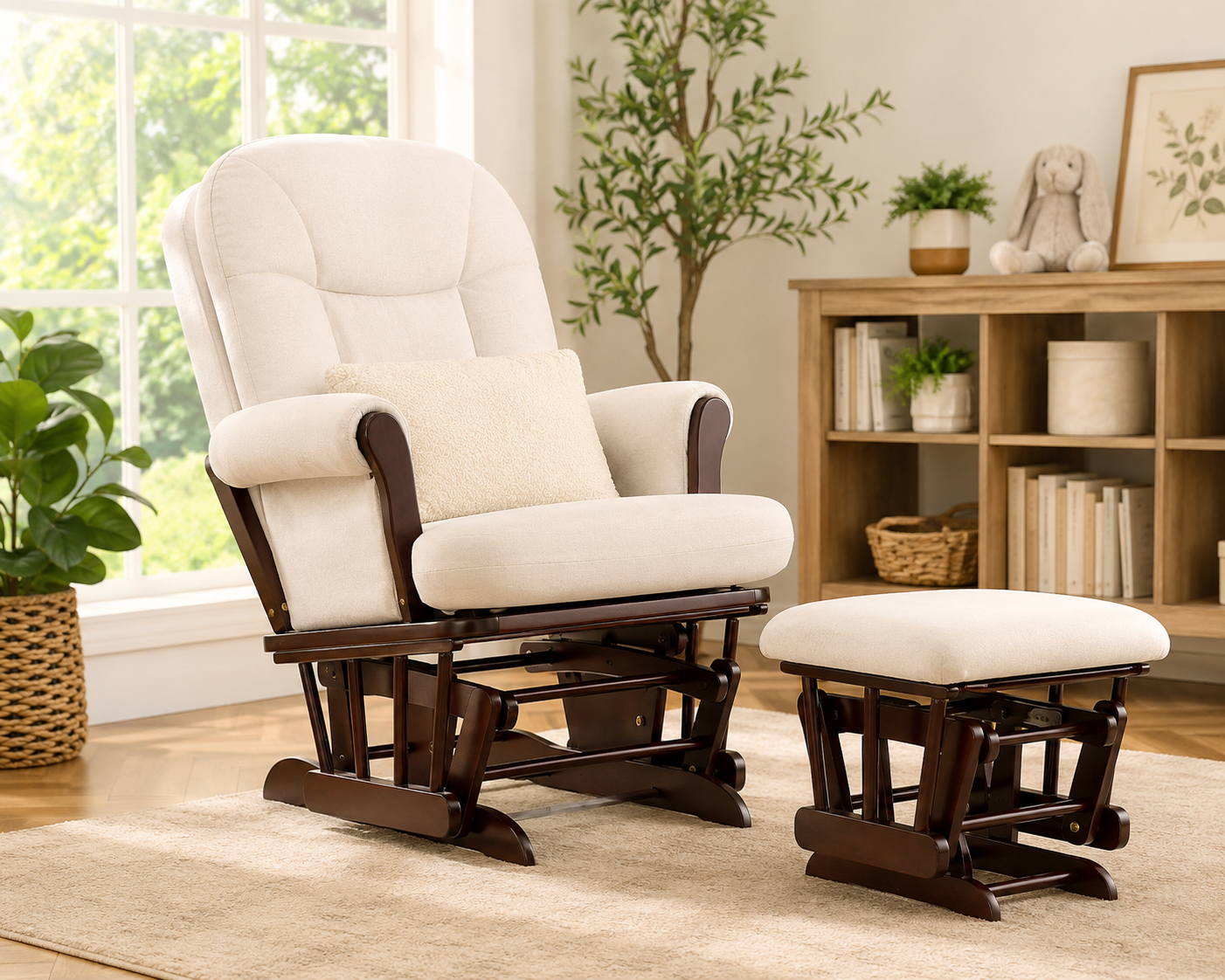 Best glider rocker chair with matching ottoman in a bright modern living room, upholstered nursery rocking chair for baby feeding, reading, relaxation, and comfortable home seating.
