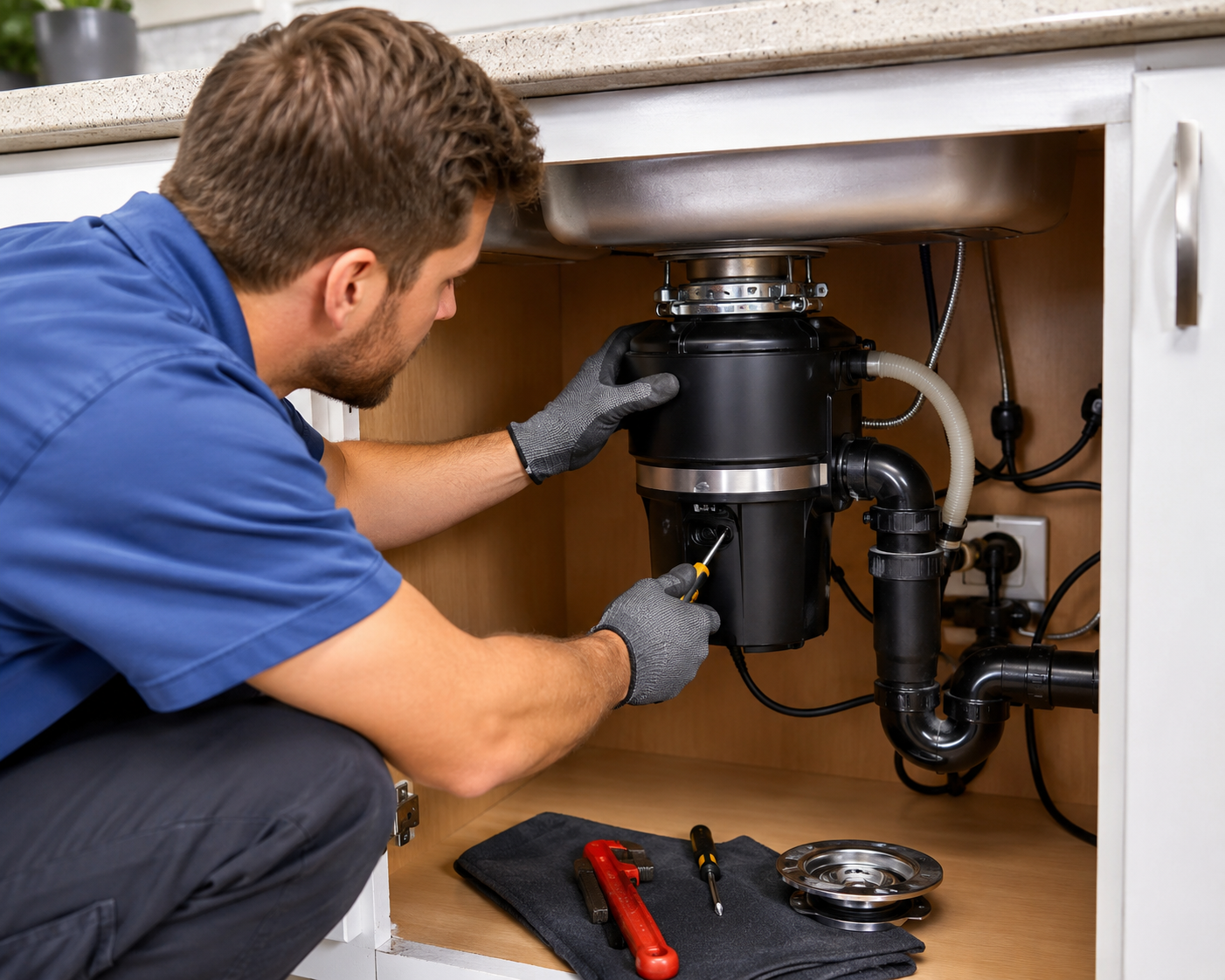 Professional plumber repairing a kitchen garbage disposal unit under a sink with plumbing tools in a modern home, illustrating garbage disposal repair and maintenance services.