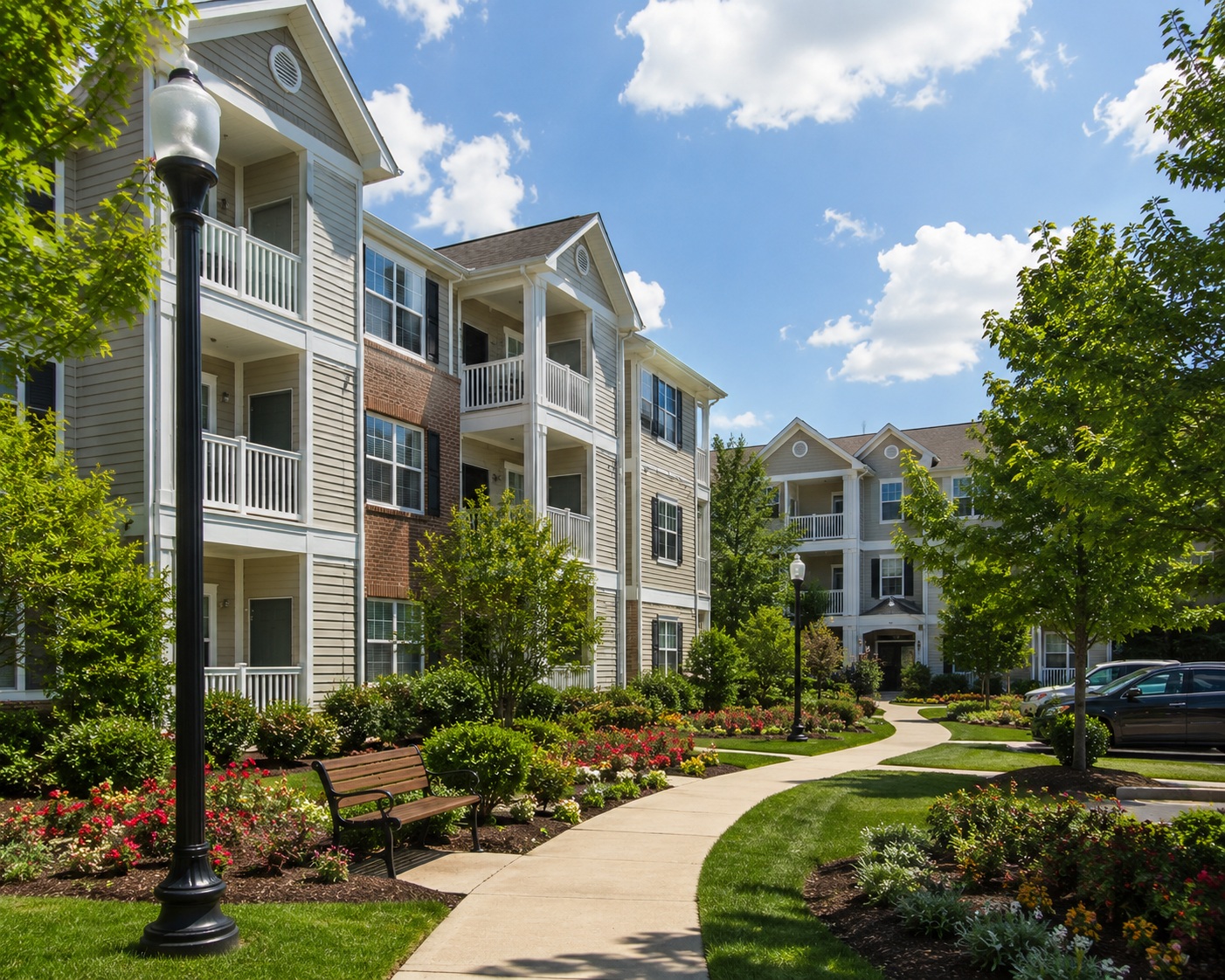 "Modern Woodside-style apartment community in Lorton, Virginia featuring landscaped grounds, walking paths, balconies, and contemporary residential buildings under a bright blue sky."
