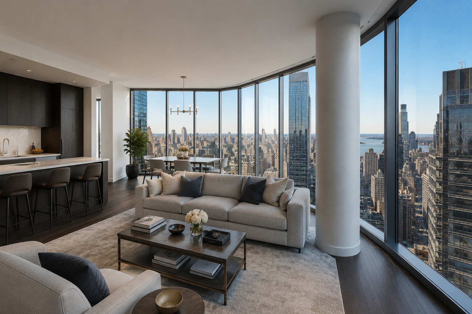 Luxury NYC condo interior with floor-to-ceiling windows, panoramic Manhattan skyline views, modern open-concept living room, gourmet kitchen, and premium finishes in a high-rise residential building.