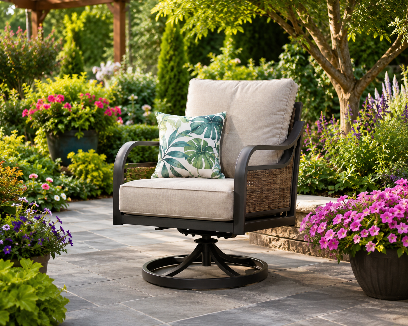 Modern outdoor swivel garden chair with plush weather-resistant cushions on a beautifully landscaped patio, surrounded by vibrant flowers and lush greenery, ideal for relaxing in stylish backyard spaces in 2026.