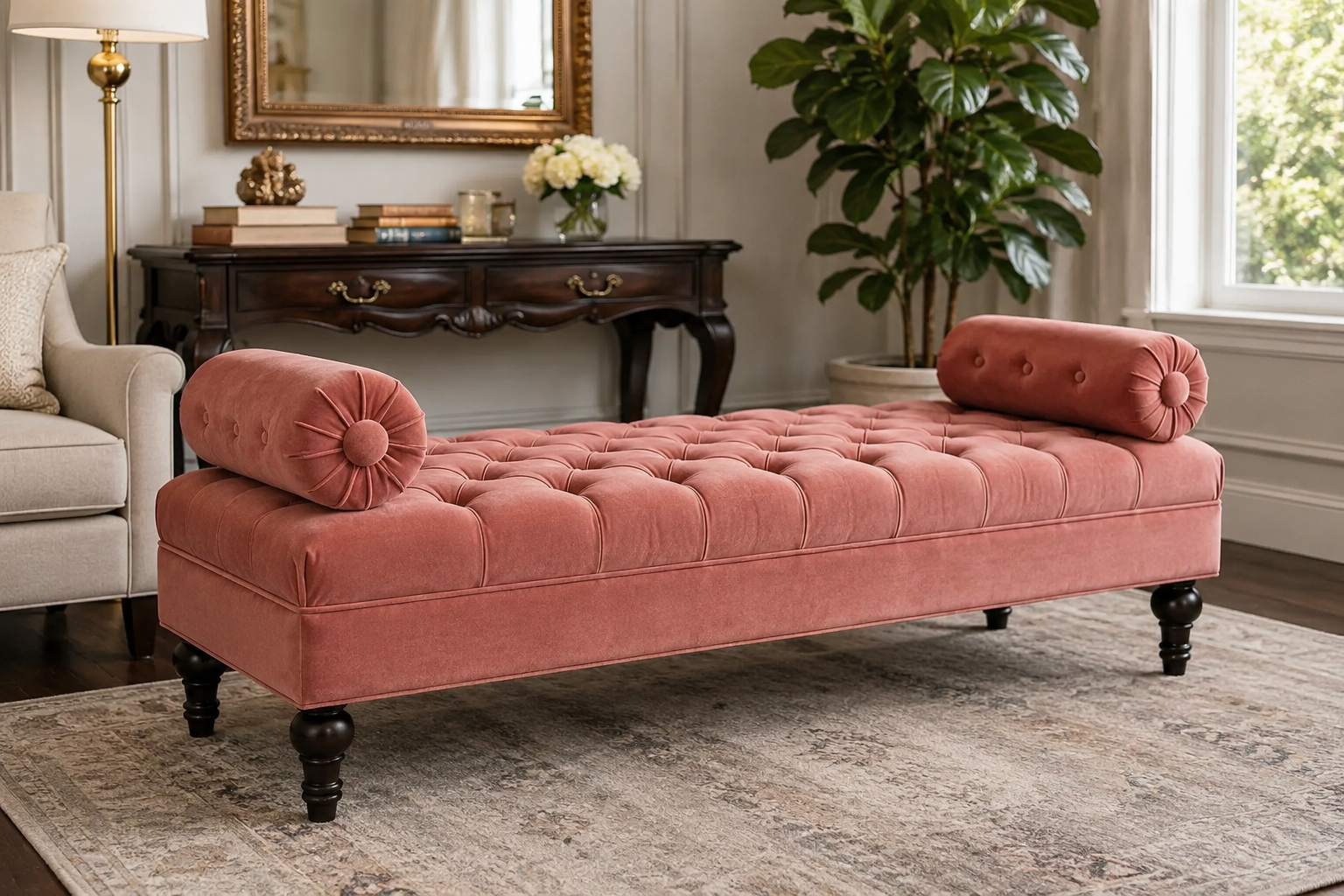 Stylish blush pink velvet settee bench with deep button tufting, bolster pillows, and dark wood legs in an elegant modern living room interior.