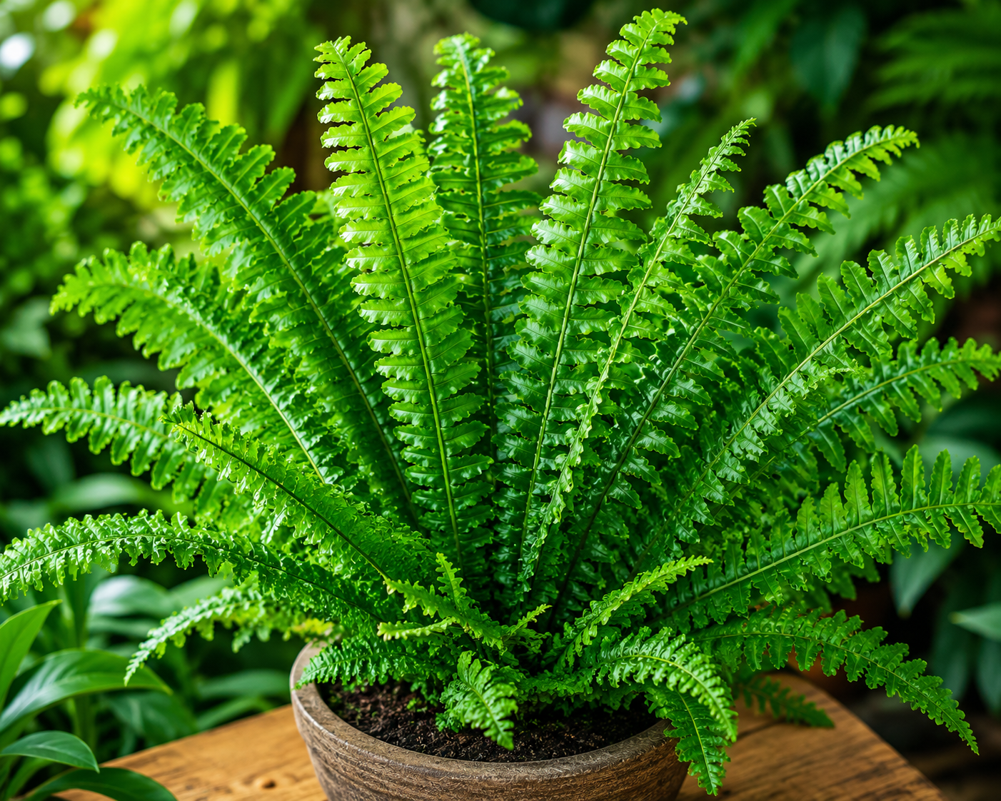 Lush Macho Fern plant (Nephrolepis biserrata) with vibrant green fronds in a decorative pot, ideal for indoor and outdoor tropical gardens, home décor, patios, and shaded landscapes.