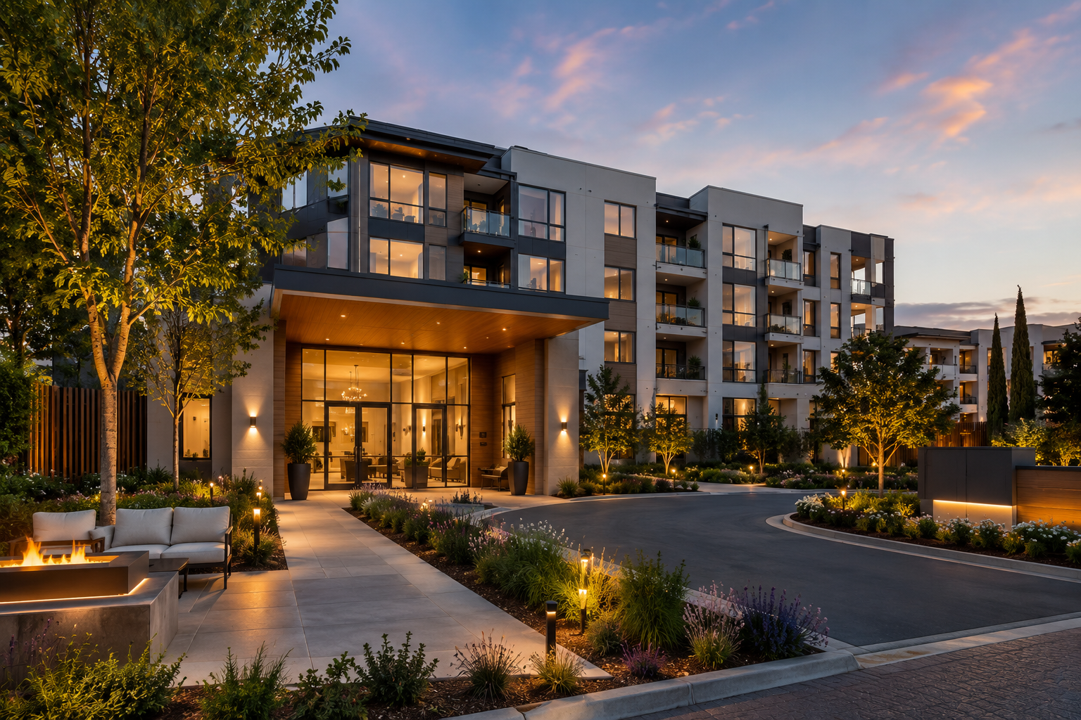 "Luxury apartment community in Santa Clara featuring modern architecture, landscaped grounds, upscale amenities, and contemporary apartments available for rent."