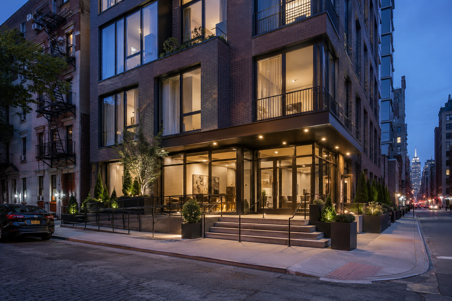 "Modern exterior of Lira Apartments Co at 21 Spring St, New York, NY, featuring contemporary luxury apartments with large glass windows, elegant brick architecture, landscaped entrance, and a premium urban residential setting in Manhattan."