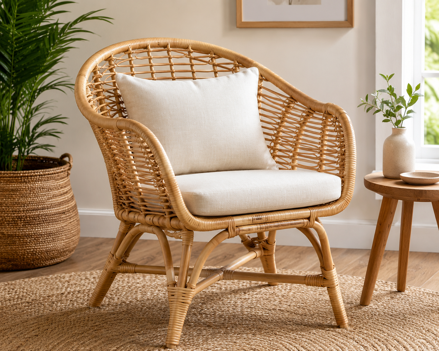 Modern rattan chair with a woven natural wicker frame and soft beige cushion in a bright boho-style living room, perfect for cozy seating, home decor, reading corners, and contemporary interiors.