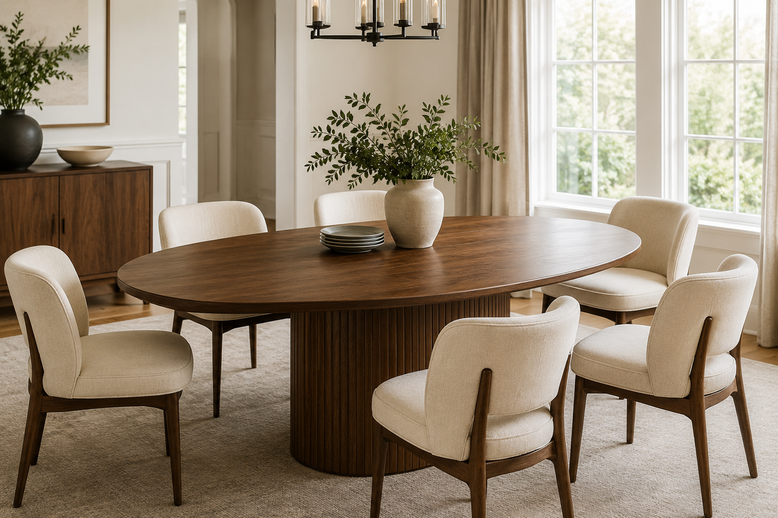 Modern oval dining table in a bright contemporary dining room with upholstered chairs, natural wood finish, elegant decor, and large windows creating a warm, vibrant home interior."
