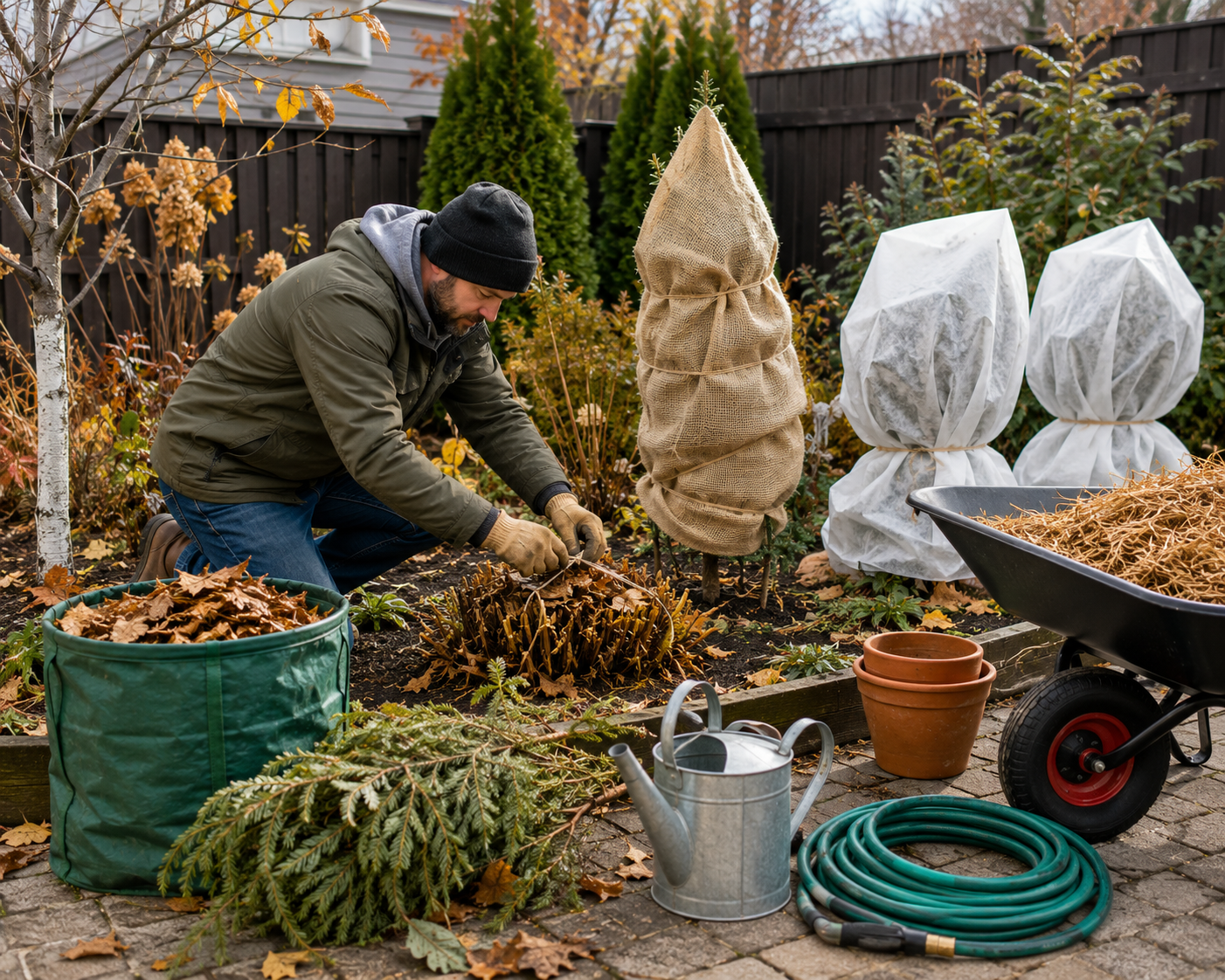 Man winterizing a backyard garden by covering plants, adding mulch, and preparing raised garden beds for cold weather in a clean autumn landscape.