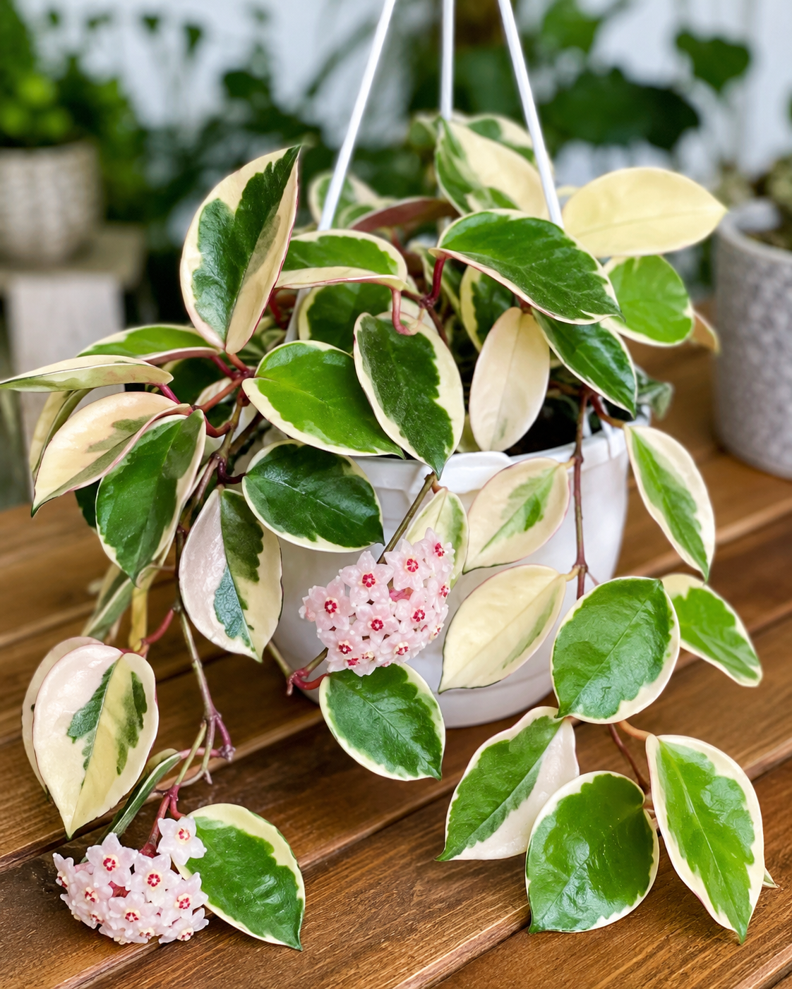 Hoya Krimson Queen plant with green and creamy white variegated leaves and clusters of pink wax flowers in a hanging indoor planter, displayed in bright natural light.
